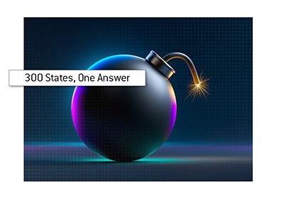 A glossy black cartoon bomb with a lit fuse against a blue and purple digital background.