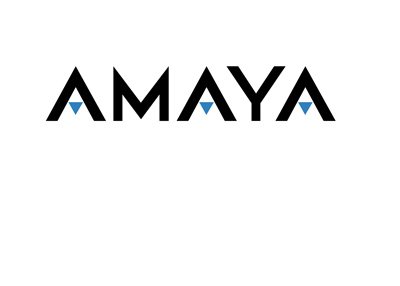 Amaya Inc. company logo - Black text on white background, blue triangles.