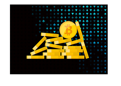 Cryptocurrency online casino - Bitcoin coins over spade, heart, diamond and club background.