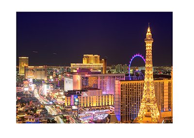 Las Vegas at night.  Birdseye view of the strip.  The lights are on.