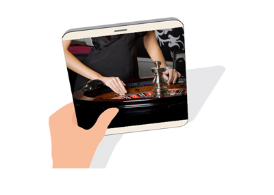 Live roulette on a tablet.  Attractive female is spinning the wheel.