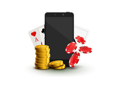 Online / mobile gaming.  Illustration.  Cellphones, chips and cards.