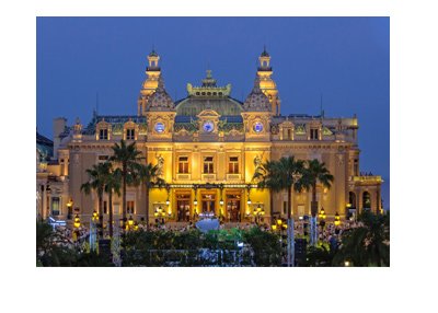 The Monte Carlo Casino in Monaco.  Photograph taken of the front entrance at sunset.