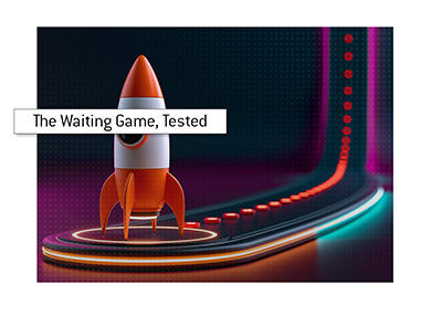 An orange-and-white rocket waits on a glowing platform beside a long trail of red Crash game markers.