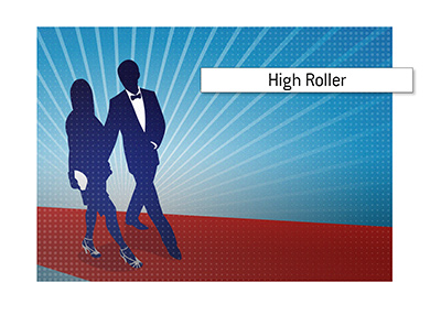 Illustration of a high roller entering a casino with partner under arm.